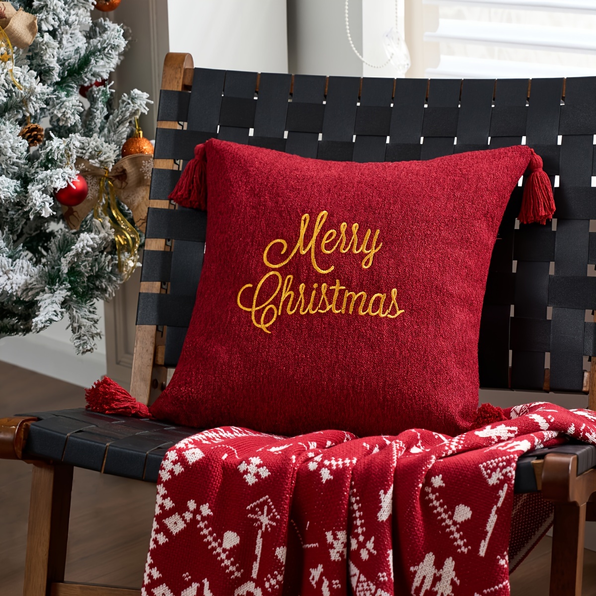 Image of 1pc Christmas Throw Pillow Cover, Snowflake Embroidery 18x18 Pillowcase Home Xmas Golden Decorative Cushion Cover Soft For Sofa Bed Chair