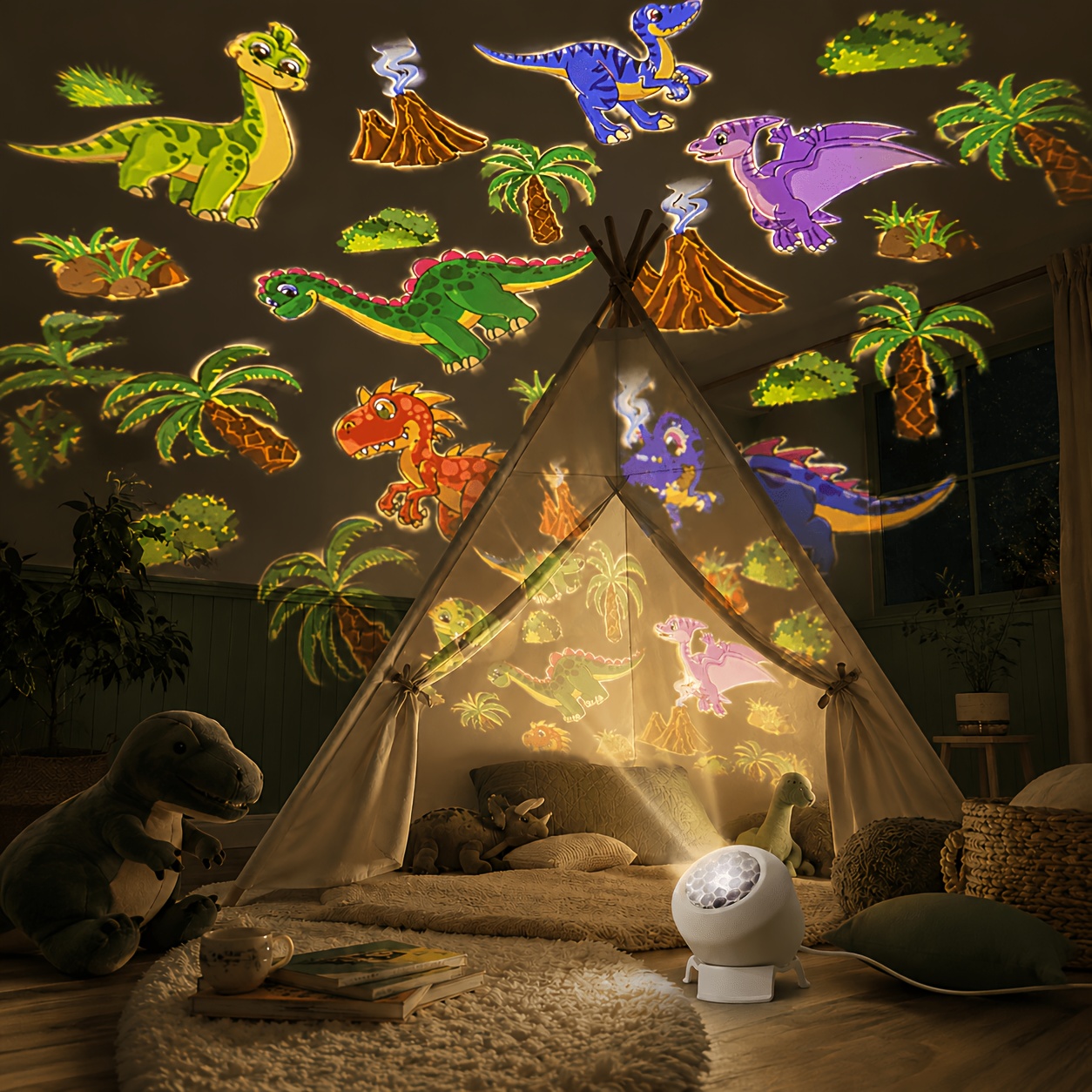 TEMU Dinosaur Projection Night Light With 360Â° Rotating Bedside & Usb- Operation - Multicolor Suitable For Room Decor,, Birthday Gifts For, -themed