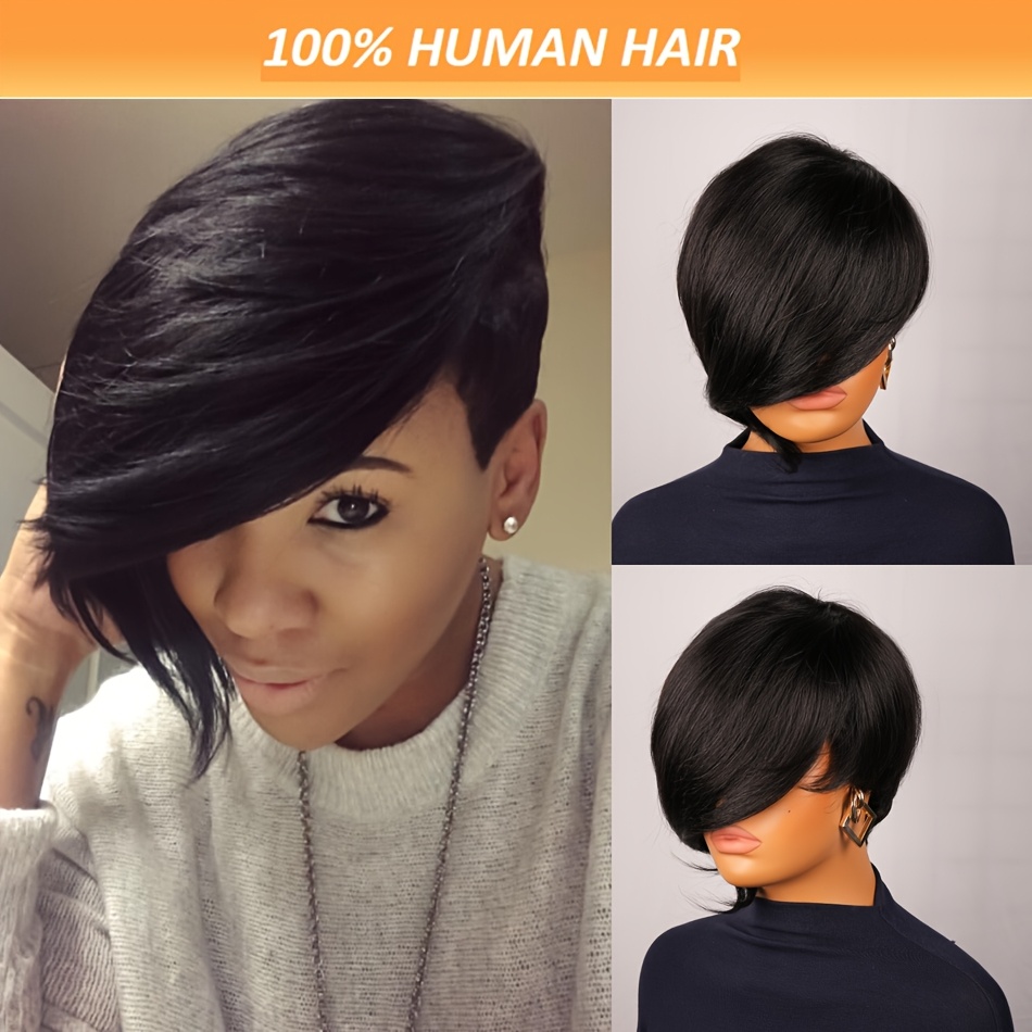 

Elegant 10" Glueless Cut Wig For Women - Straight Human Hair With Long Bangs, Full Machine Made, 180% Density, Style, Wig|sleek Cut|natural , Short Hair Wig