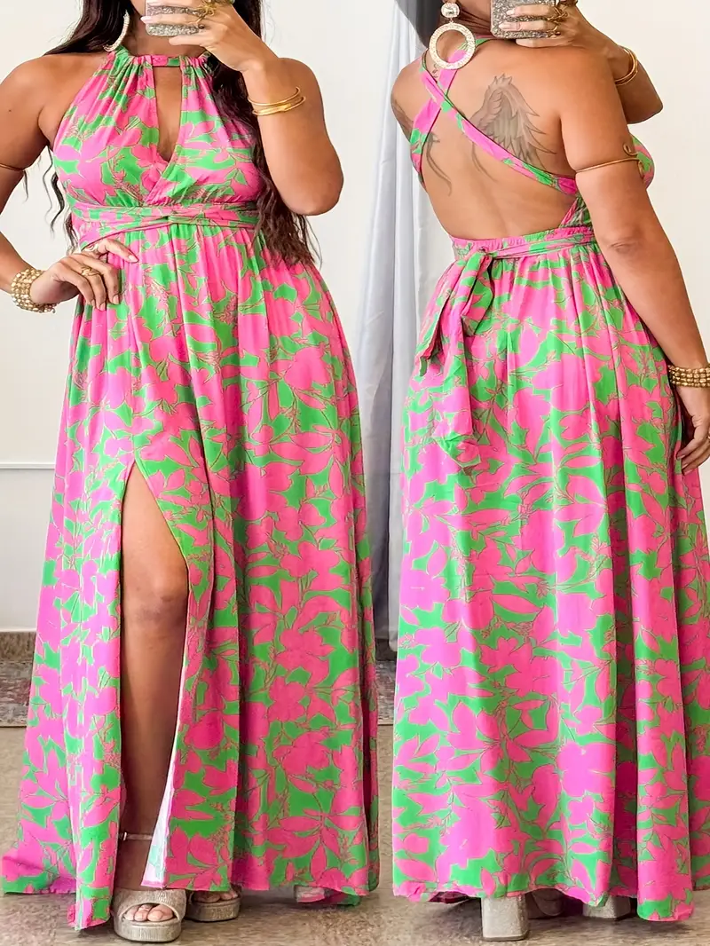 Plus Size Halter Neck Backless Dress - Green & Red Floral Print Bohemian Maxi Dress with Adjustable Cross Tie Waist, Flowy Beach Vacation Dress for Wo Plus Size Halter Neck Backless Dress - Green & Red Floral Print Bohemian Maxi Dress with Adjustable Cross Tie Waist, Flowy Beach Vacation Dress for Wo