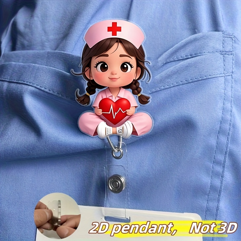 2d Flat Acrylic 1pc Pink Nurse Uniform Girl Nurse Id Holder - Retractable Badge Clip, Durable Label, For Medical Students And Nurse Practitioners - Durable Material, For Workplace Identification