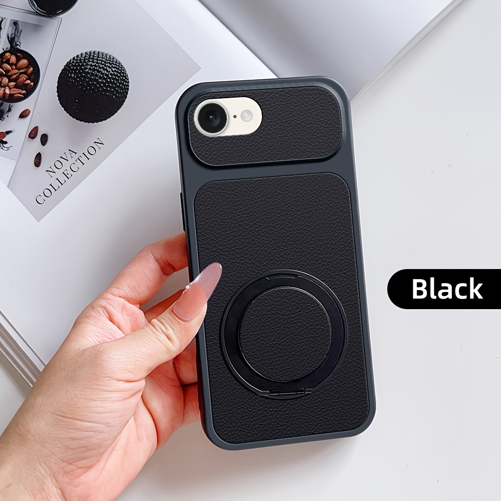 TEMU Phone Case - New Arrival 360° Rotatable Ring Kickstand Skin-feel Faxu Leather Phone Case For For Iphone 17e, Shockproof Protective Shell With