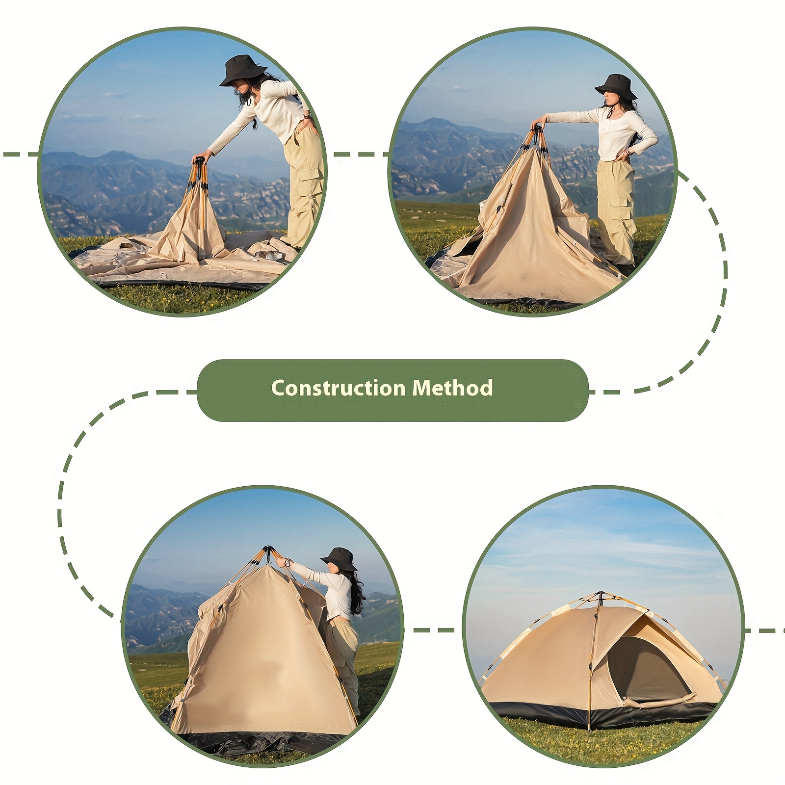 Tente De Camping Automatique 3 Secondes - Dome 3 Places, Imperméable, Beige