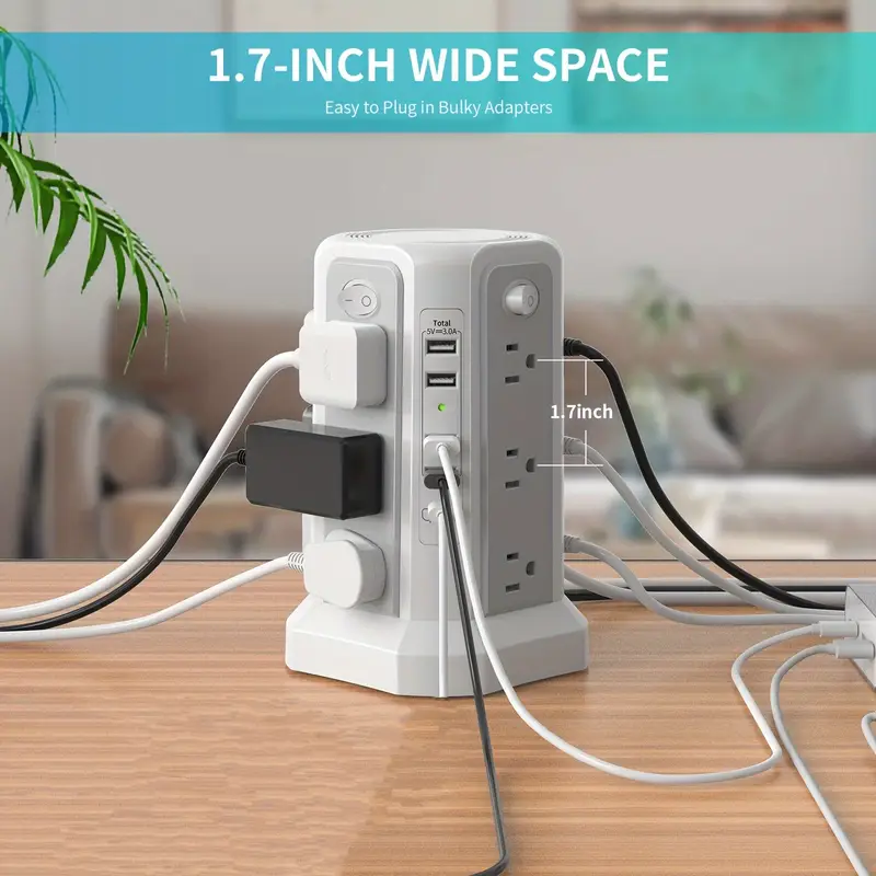 protector tower with usb c pd18w board tower with 4 usb a ports 10ft flat plug extension cable with 12 ac multi sockets 1800j protection for home office details 1