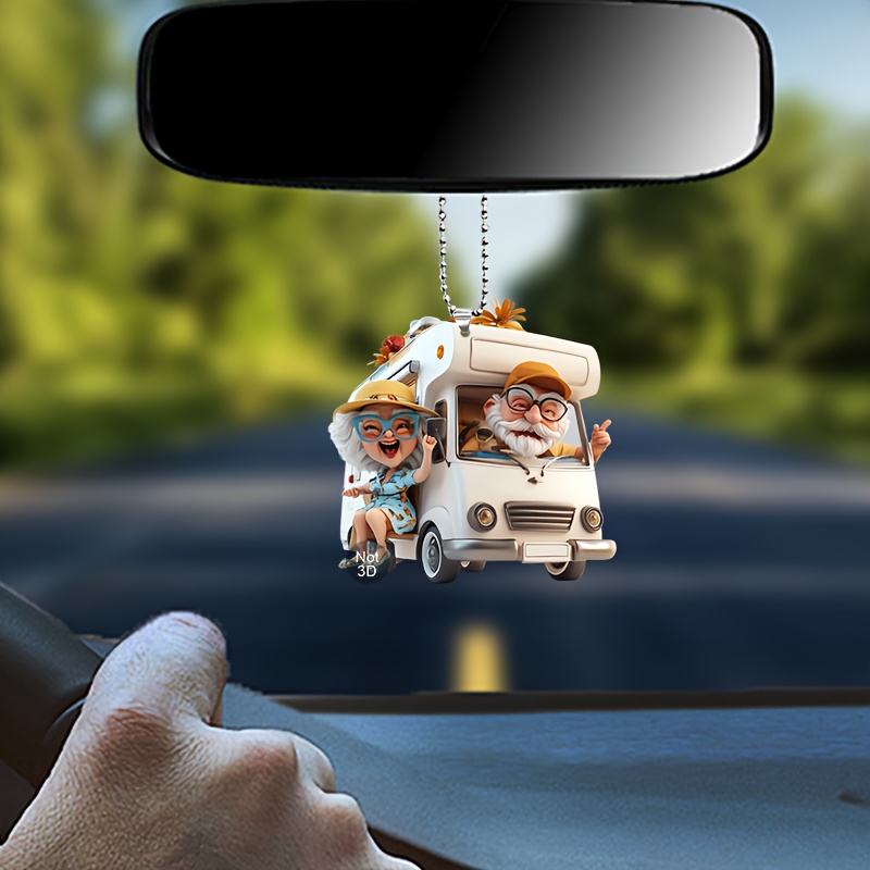 

Quirky Acrylic Hanging Car Ornament, 2d Design With Elderly Figures, Ideal For Vehicle Decoration And Unique Gifts