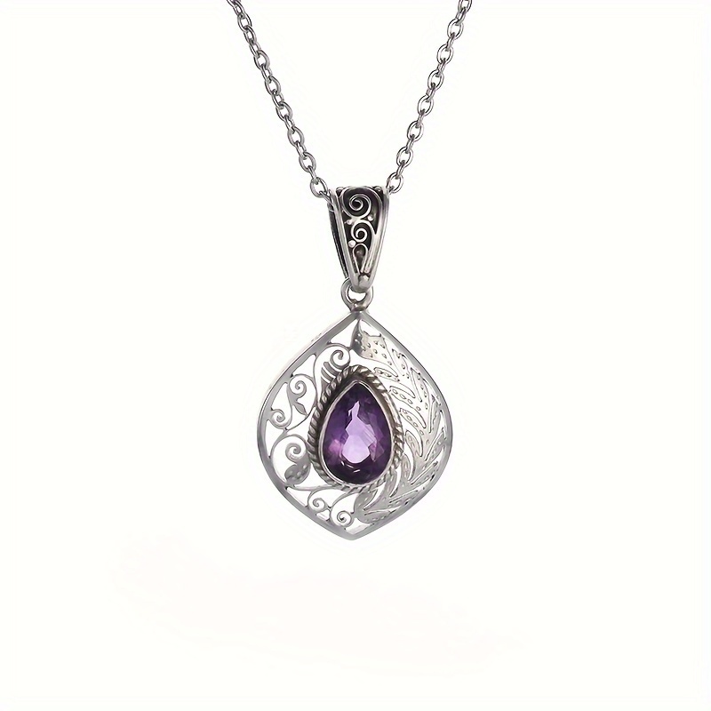 Image of 1pc Classic Purple Synthetic Synthetic Zircon​​ Teardrop Pendant Necklace For Men And Women, Elegant Jewelry Additions For Parties And Balls