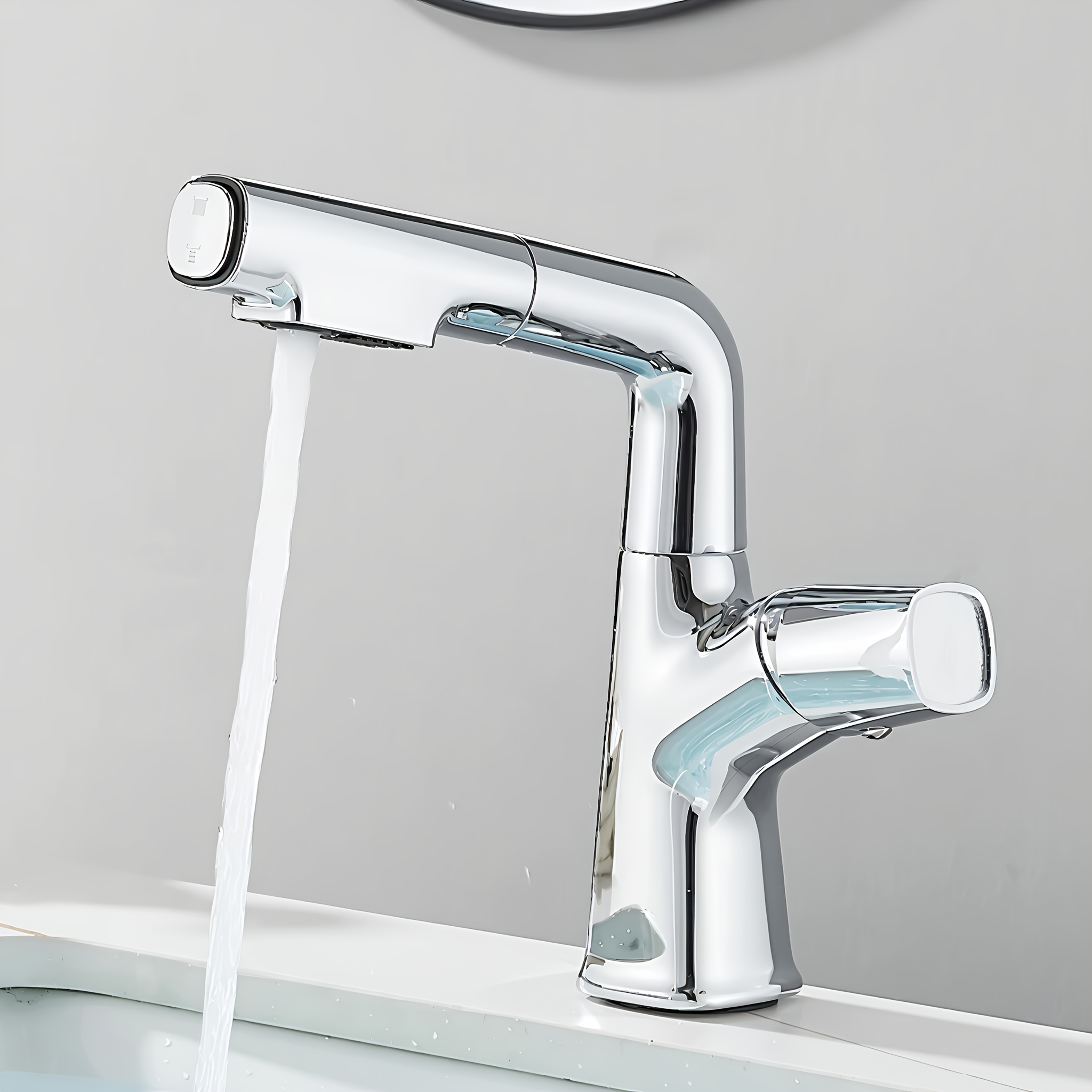 Image of Pull Out Bathroom Mixer Basin Tap, Single Hole Bathroom Sink Faucet With 3 Pull Down Sprayer, Single Lever Hot And Cold Water Sink Taps Mixer Taps, Chrome