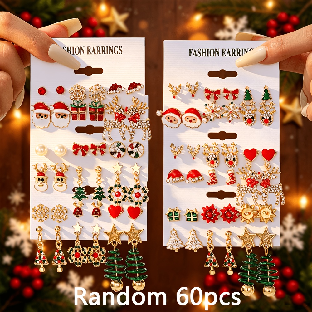 TEMU Random 12/24/36/48/60pcs Christmas Holiday Gift Set, Fashionable, Gorgeous, And Exquisite Style, Shiny Rhinestone Red, Green, And White Santa