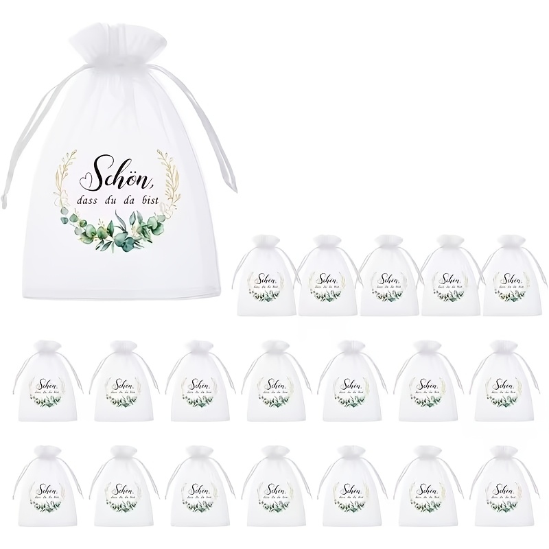Image of Gift For Her/him 25pcs Organza Gift Bag With German Text: "glad You Could Come." Wedding Organza Gift Bag, Suitable For Wedding And Birthday Gifts, With Eucalyptus Leaf Pattern
