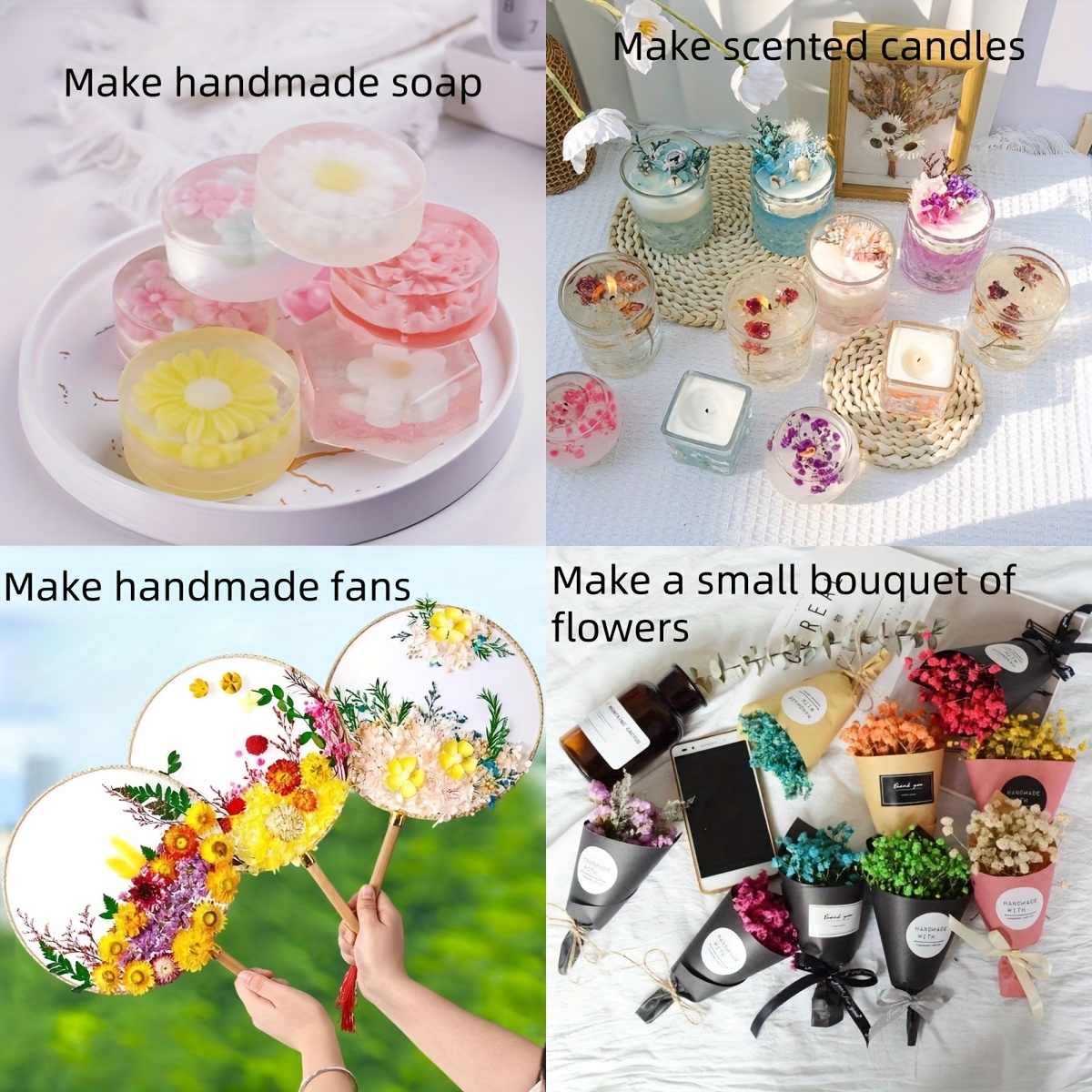 Preserved Flower DIY Kit with 8-10 Flower Types, Photo Frame, Candle, Aromatherapy, Soap, Straw Hat Materials, Gift Set