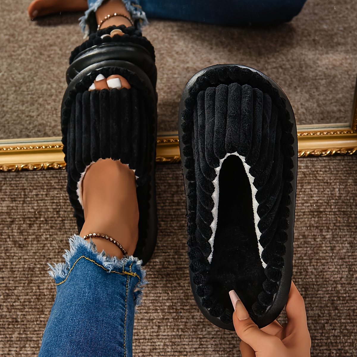 

Women's Home Slippers Eva Non-slip Lightweight - Fish Mouth Half-cup Home Striped Skin-friendly Solid Color Indoor Women's Slippers Large Size