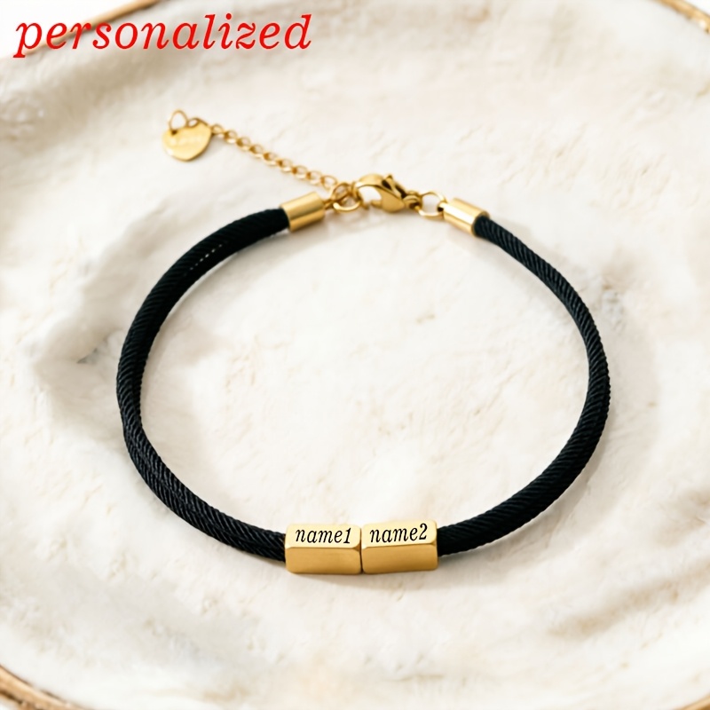 TEMU [Pulsera con Personalizado] Pulsera de Cuerda Negra Cuadrada con Cuentas de Moda, Joyería Grabada con Láser, Cuerda Tejida Minimalista Ajustable
