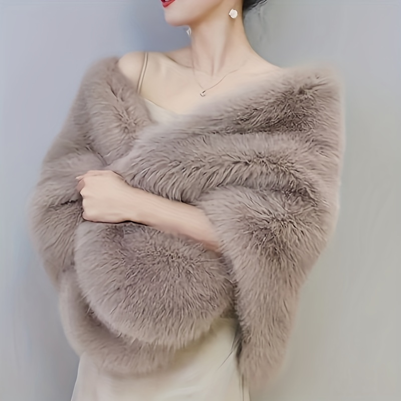 TEMU Elegant Fur Wrap Shawl For Women - Polyester 100%, Hand Wash/, Solid Color, Non-stretch, Weekend Casual, Warm Woven For Weddings And (1pc)