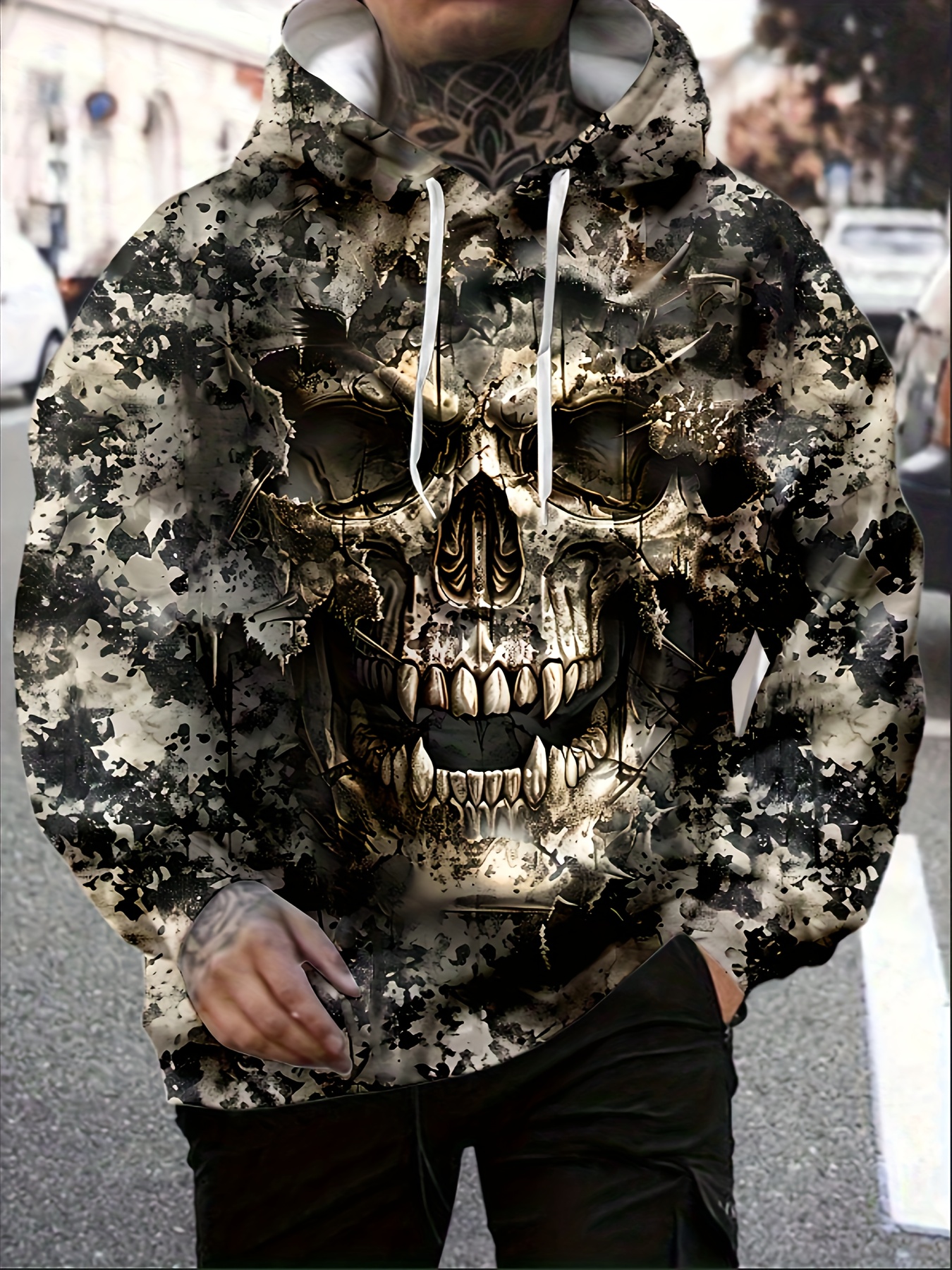 A Vintage-style Polyester Hooded Sweatshirt With Camouflage Skull Print  Hooded Pullover With Kangaroo Pockets, Medium Stretch Fabric, Fitted Cut, Kn