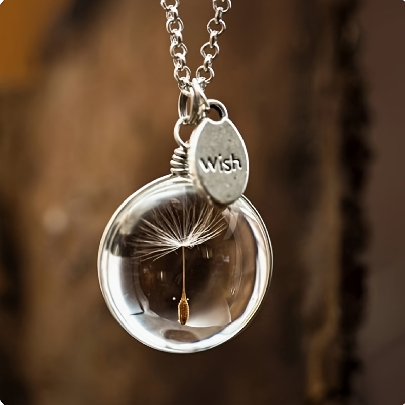 TEMU Dandelion Dried Flower Necklace, Time Synthetic Gemstonestone Glass Ball Pendant Necklace, Dried Flower Pendant Necklace For , Valentine's Day, Day, Birthday Parties, , Holiday Gifts