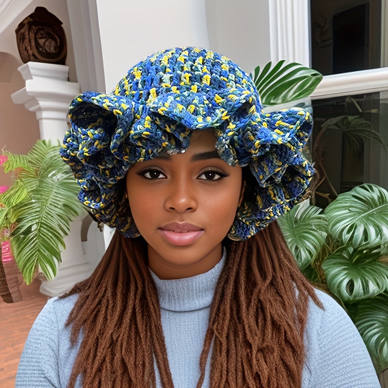 

1pc Handmade Crochet Bucket Hat For – Multicolor Knitted Fisherman Cap, Warm & Stylish Acrylic Knit Winter Hat With Blue, Patterns, Lightweight & For Autumn And Winter