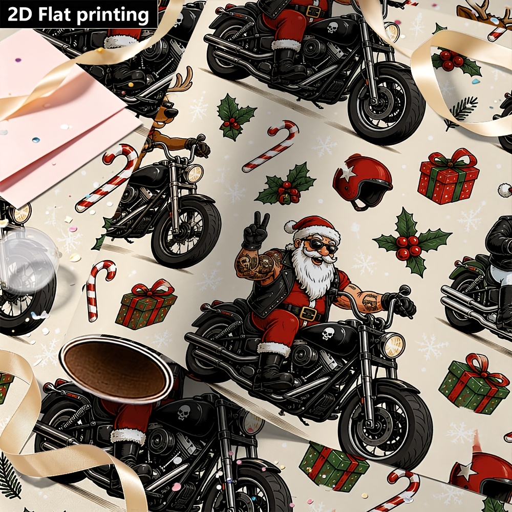 TEMU 1 Rouleau de Mat Simple Face pour Anniversaires, Noël, Mariages et Fêtes - Papier Lisse Découpable avec de Père Noël à Moto, Multicolore pour