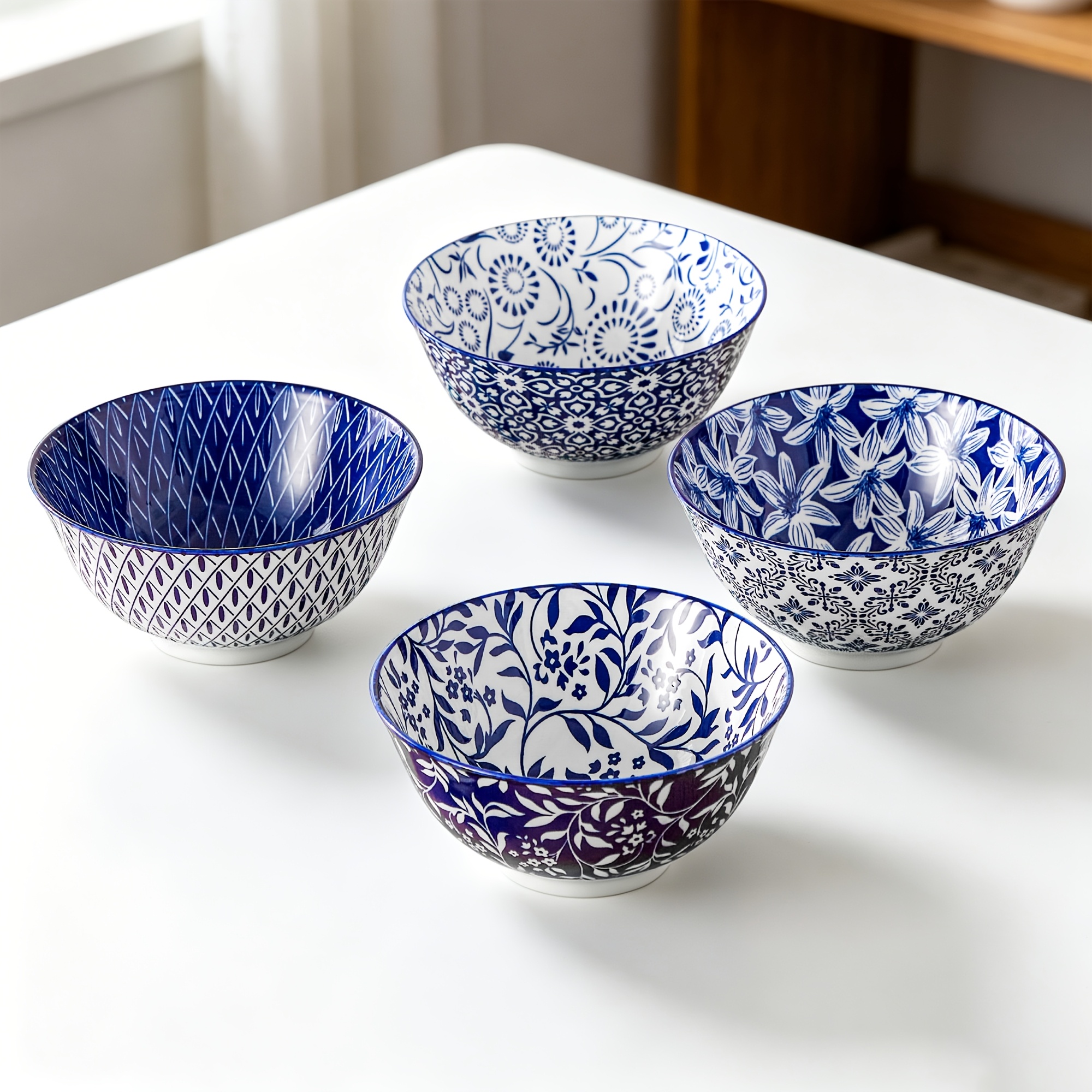 Image of Bowls, Cereal Bowls Set Of 4, Colorful Ceramic Serving Bowls For Kitchen, Breakfast, Blue And White Porcelain Decorative Bowls, Microwave Oven Safe Bowls For Salad, Pasta, Oatmeal, 21oz/630ml Bowl