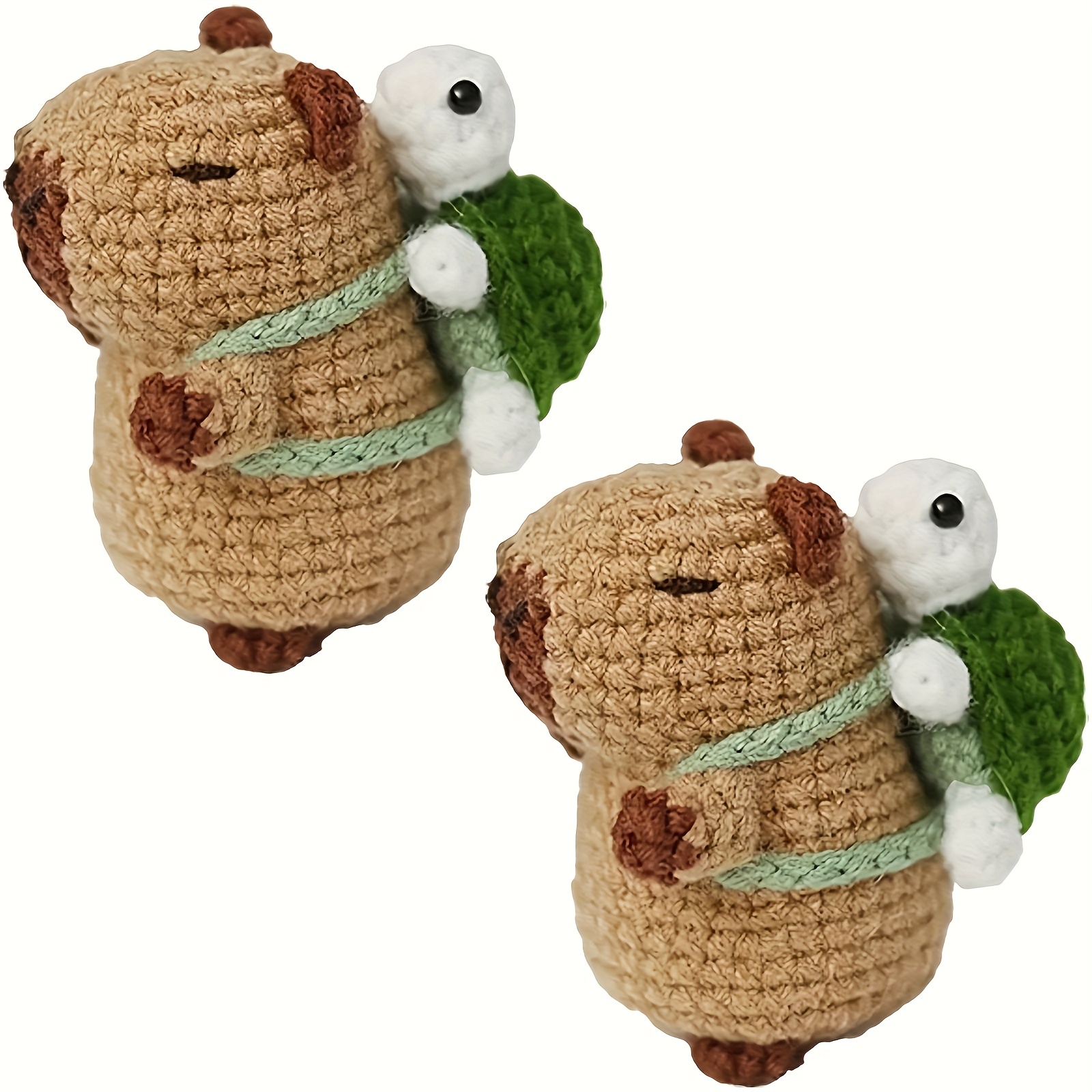 TEMU 2pcs Handmade Crochet Capybara & Turtle Dolls - Cute Collectible Stuffed Animals With Eyes, Soft Polyester Yarn, Poses (sitting & Standing) For