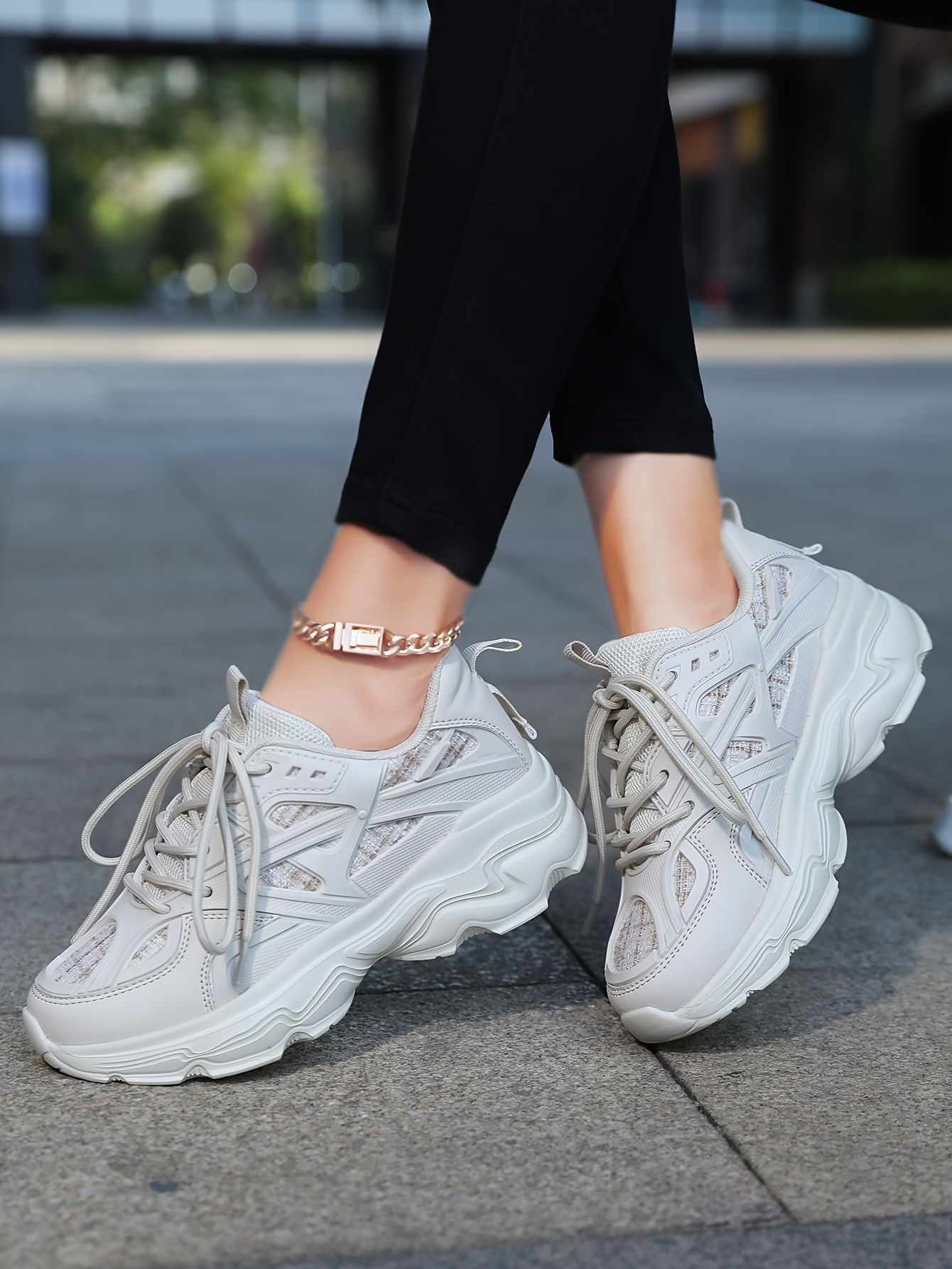 Women's Chunky Sneakers Fashionable White Dad Shoes with Leopard  Print, Lightweight Comfortable Lace-Up, Low-Top Casual Height B