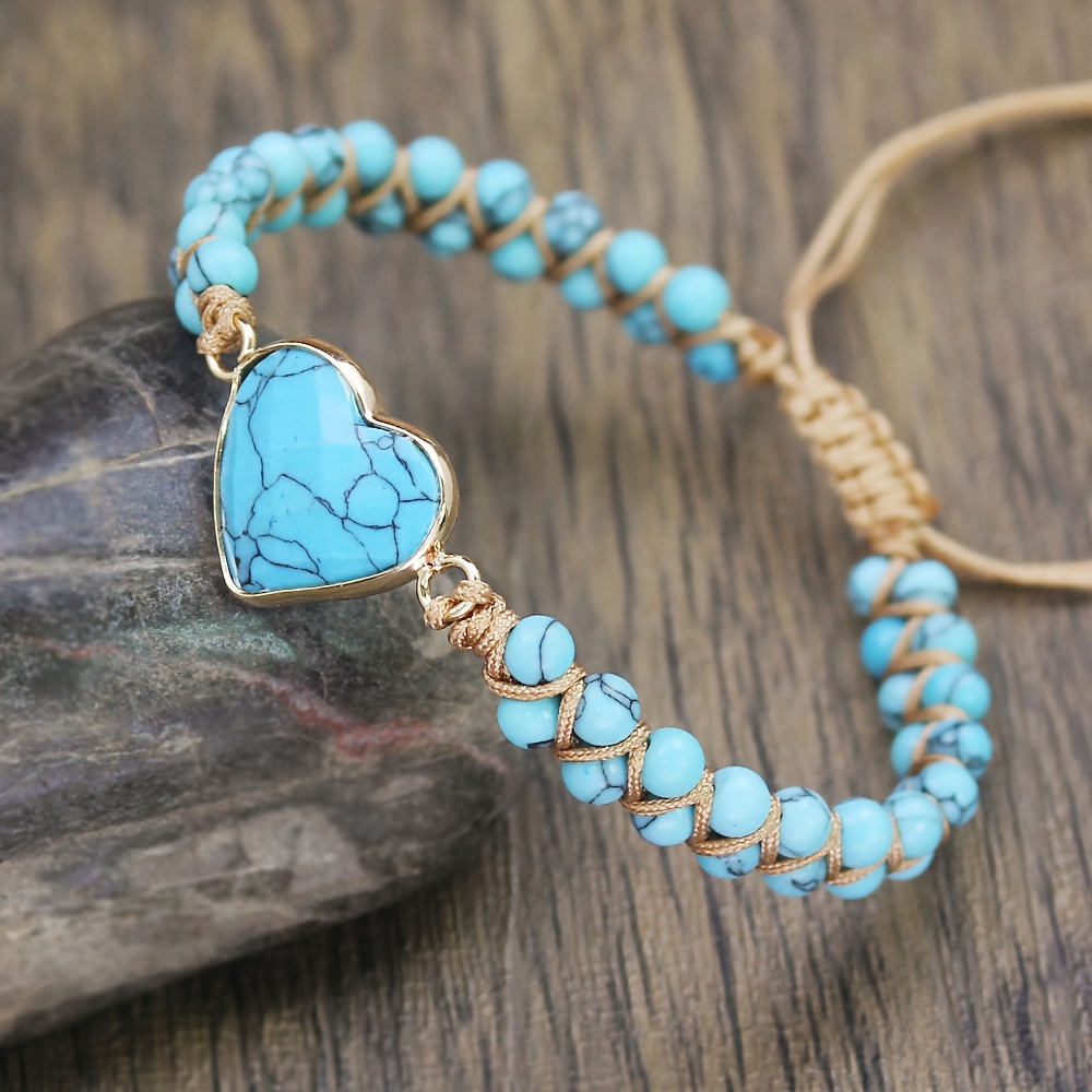 

1pc Woven Bracelet, Natural Stone Turquoise Heart Accessory, Suitable For Both Men And Women, Couple Jewelry, Suitable For Daily Wear, Versatile, Valentine's Day Gift, Holiday Gift