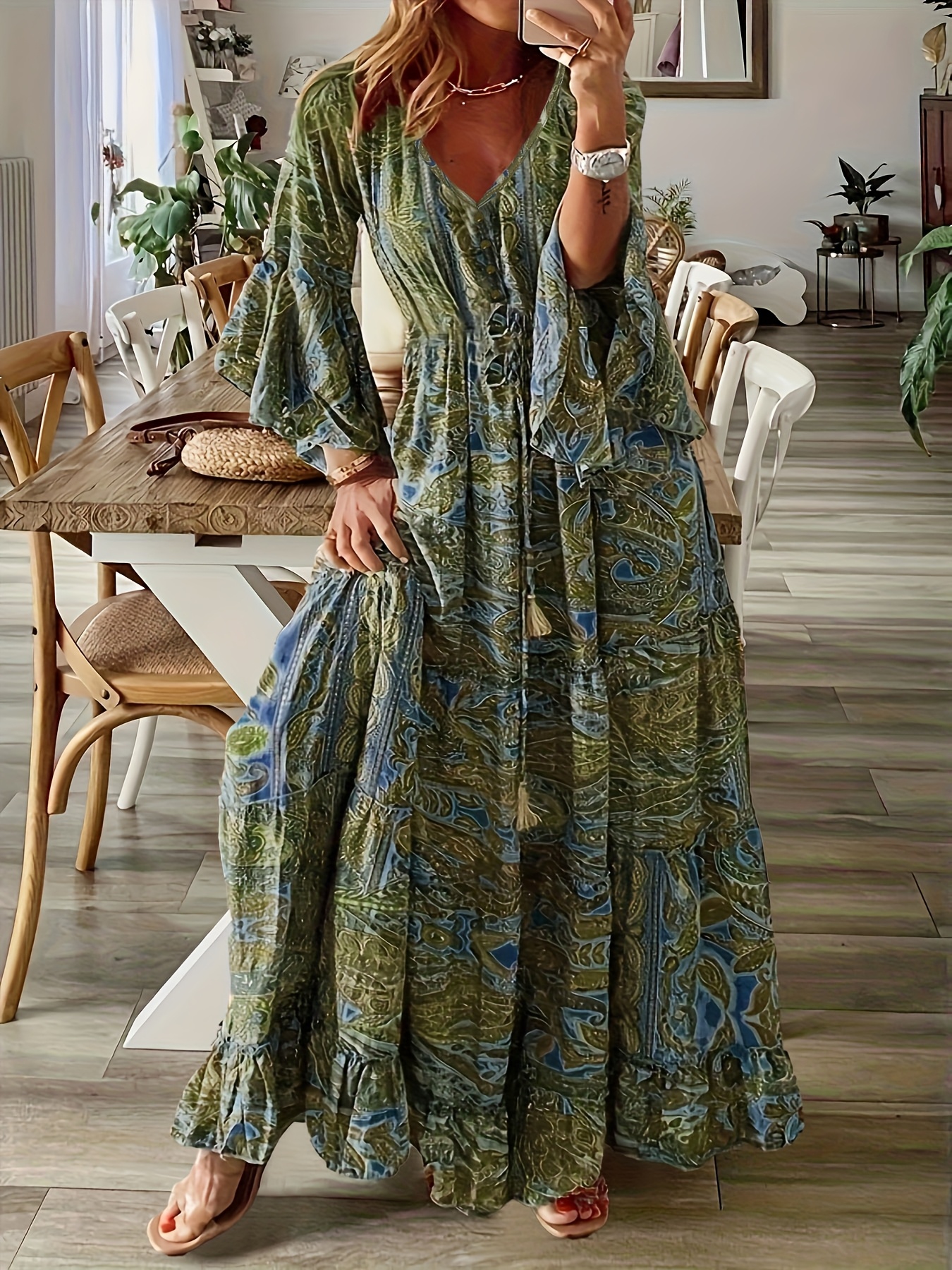 Women's Bohemian Floral Print V-Neck Flared Sleeve Maxi Dress - A-Line  *-Calf Length Machine Washable Spring Summer Casual Vacation Dress womens bohemian floral print v neck flared sleeve maxi dress - Temu United  Arab Emirates