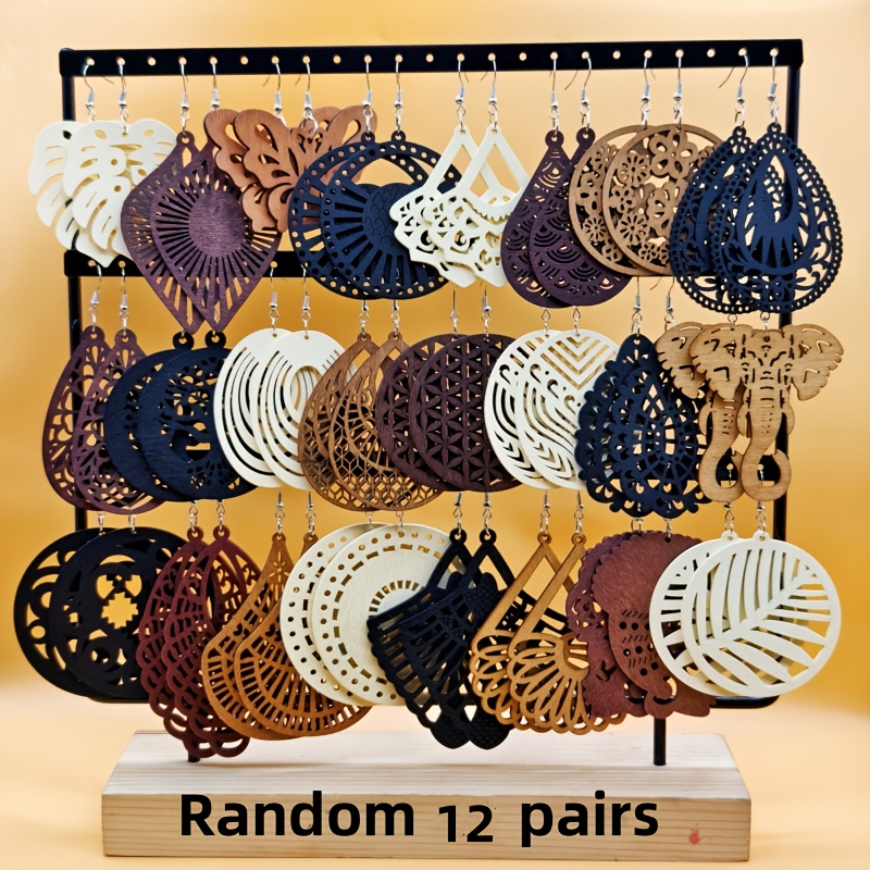 Image of Random 12 Pairs Or 6 Pairs Of Autumn-winter Mixed Style And Color Wooden Earrings, Vintage Ethnic Style And Tree Of Life Hollow-out Design, And Fashionable, Versatile For Styles, Suitable As A Gift