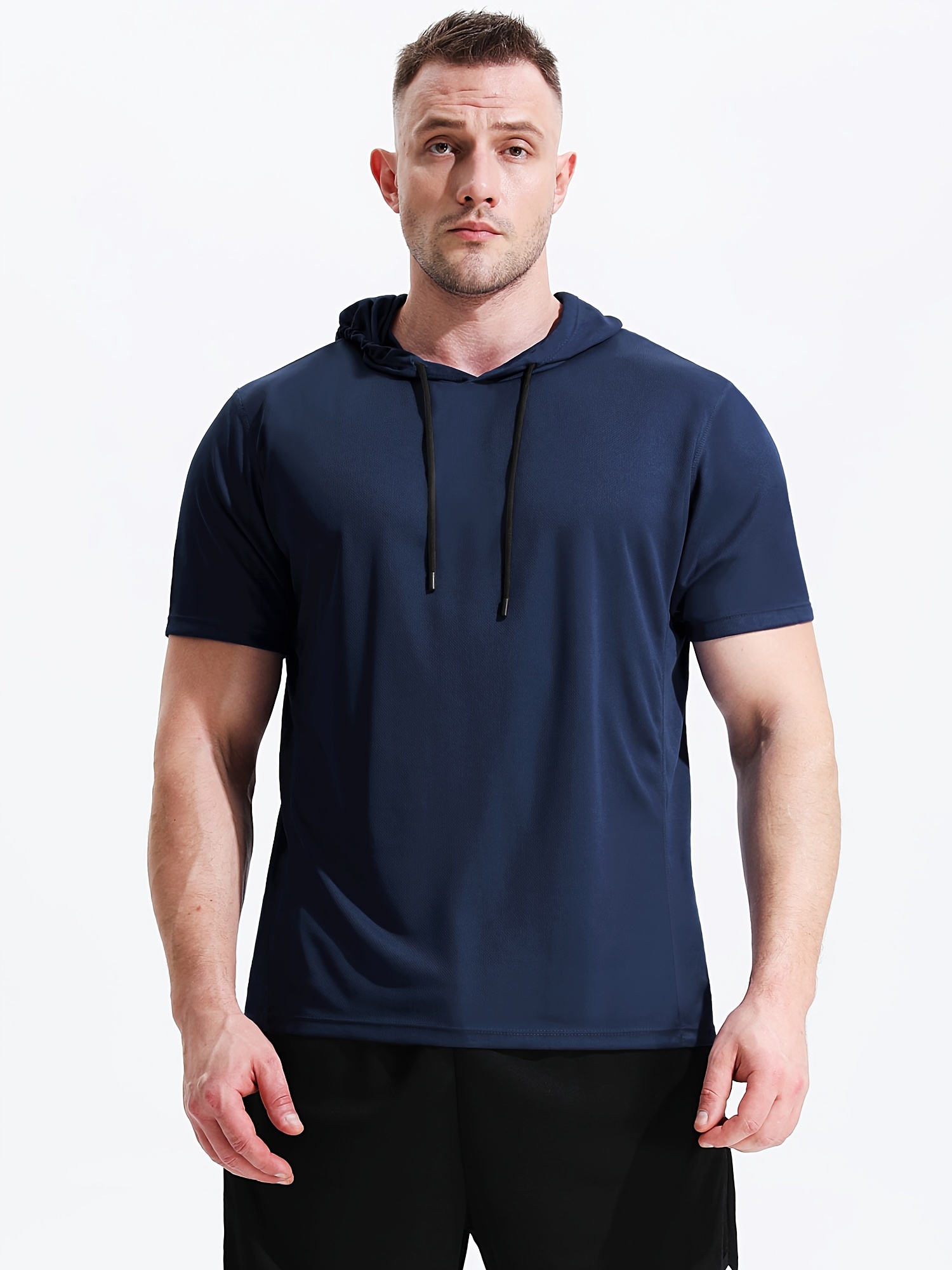 Mens Short Sleeve Hooded T-shirt Sporting Gym Top Tee Shirt Hoodie