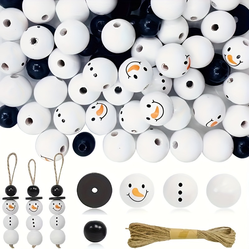 

75-piece Christmas Snowman Wooden Beads Set - Round Drilled Craft Balls For Diy Home Decor, Rustic Farmhouse Style, Perfect For Tree Ornaments & Holiday Projects