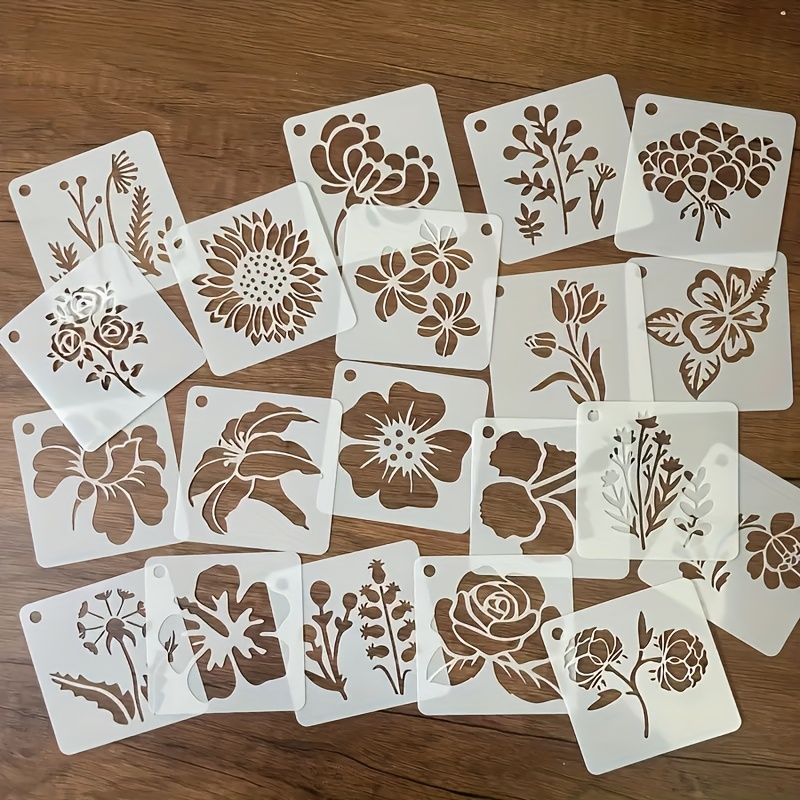 TEMU A Set Of 20 Floral Plant Painting Stencils Reusable Stencils Wall Stencils Craft Stencils Wooden Wall Painting Stencils Home Decoration (floral