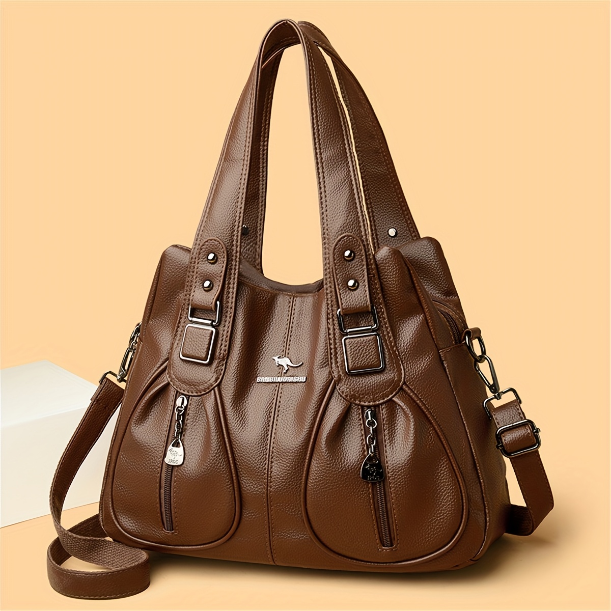 Women's Casual Tote Bag - Large Capacity Multi-Pocket Crossbody Shoulder Bag with Adjustable Strap, Zipper Closure & Bird Emblem, Deep Brown/Black for Work, Commute, Travel, Modern Iranian Style | Metallic Hardware Accents