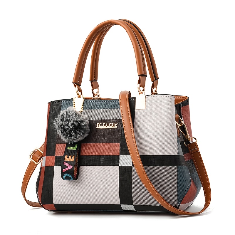 Women' Large-Capacity Handbag with Adjustable Crossbody/Shoulder Strap & Zipper Closure - Patchwork Tote Suitable for Commuting,,, Travel, Multi-Color (, Wine,,) - Stylish Zipper Closure Bag