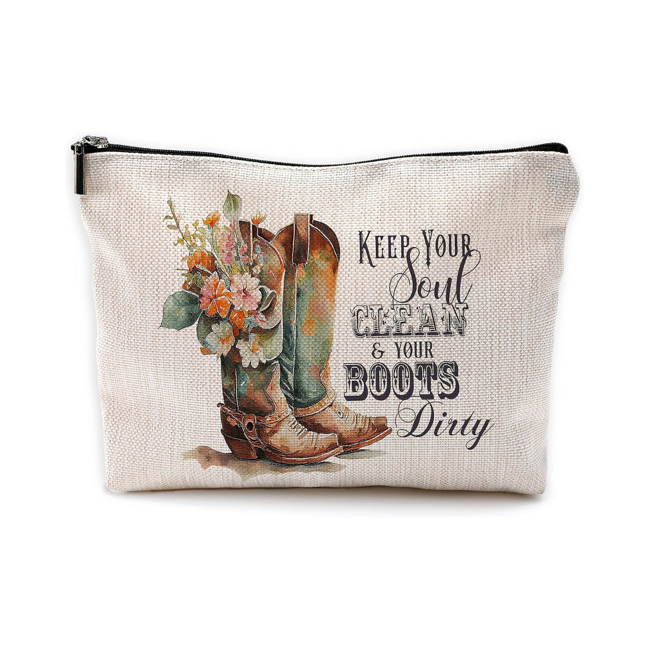 

Cowgirl-themed Linen Cosmetic Pouch - Unscented, Non-waterproof Makeup Bag With "keep Your Soul Clean & Your Boots Dirty" Motif For Women - Western Style Travel Toiletry Organizer