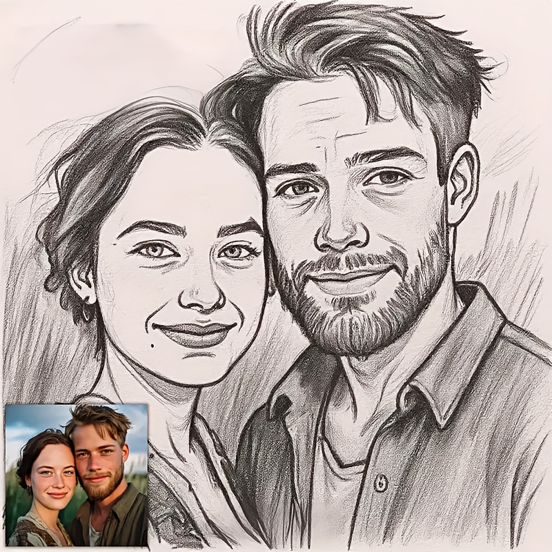 E-shop 2D Flach, Personalisierte Kohleporträt-Kunst - Individuelle Foto-Gesichtsskizze, Rahmenlose 2D Flache -Linienzeichnung, Ideal für Zuhause, Büro,
