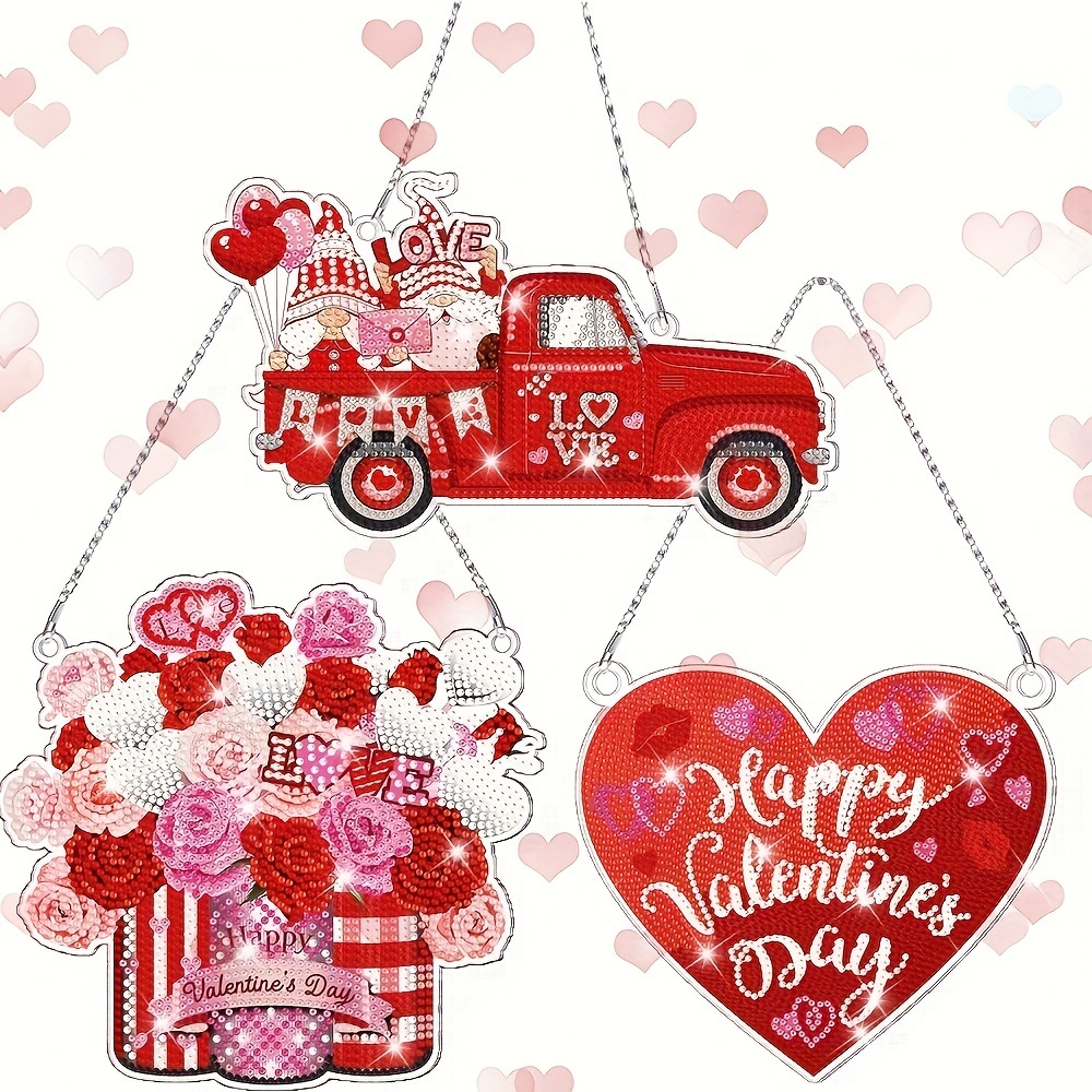 

3pcs Valentine's Day Kit - Acrylic Love Truck, Floral Basket & Heart Shaped Decorations - Spring Themed Mosaic Art For Home Decoration, Diy Handmade Gift Set