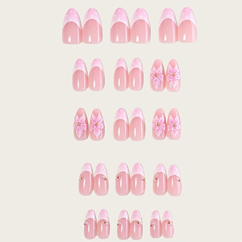TEMU 24 uñas postizas de DANArtlux para mujer - Degradado rosa nude con flor y 3D, uñas postizas de cobertura total brillantes, puntas de uñas