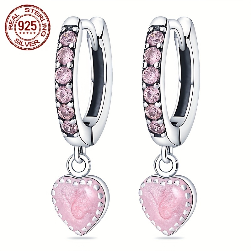 TEMU Vintage Boho 925 Sterling Silver Hoop Earrings With Synthetic Cubic Zirconia And Pink Heart Dangle - Hypoallergenic Fashion Jewelry For Women, Ideal For And Gift-