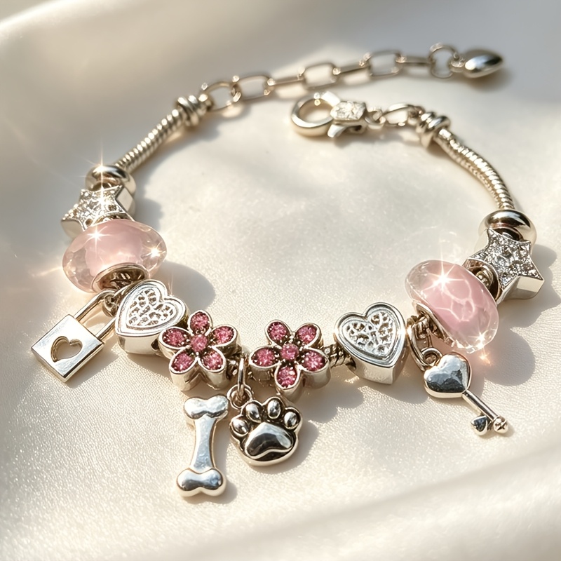TEMU Popular Sweet-style Necklace Featuring Beads And Pink Floral Accents, Complemented -lock, Key, Paw Print, And Bone Pendants. The Soft Pink And