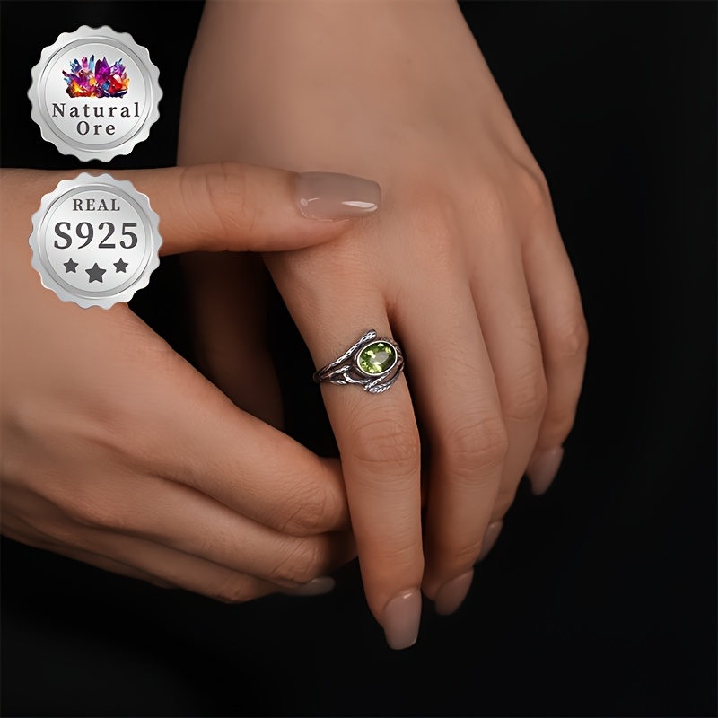 Women's Adjustable 925 Silver Green Peridot Ring, Exquisite Gift