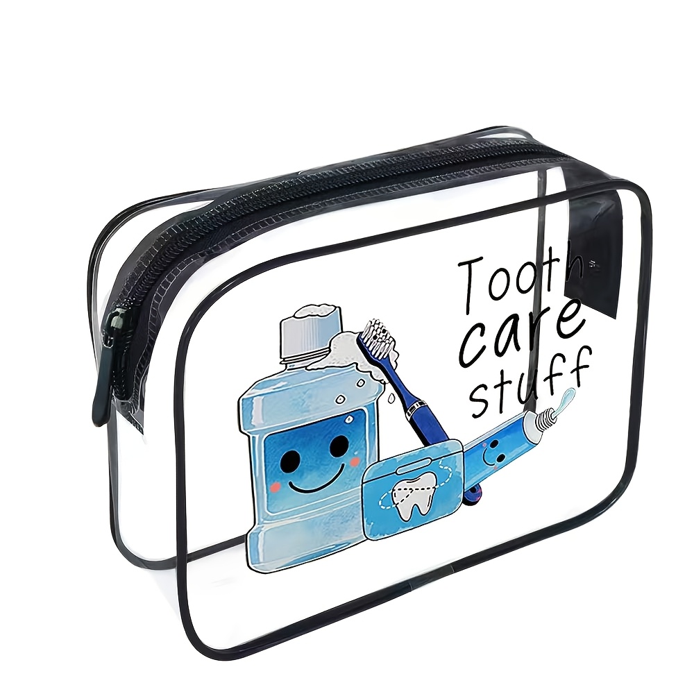 TEMU Trousse de maquillage en PVC à imprimé sur le thème des soins bucco-dentaires de dessin animé, trousse de toilette de voyage à fermeture éclair,