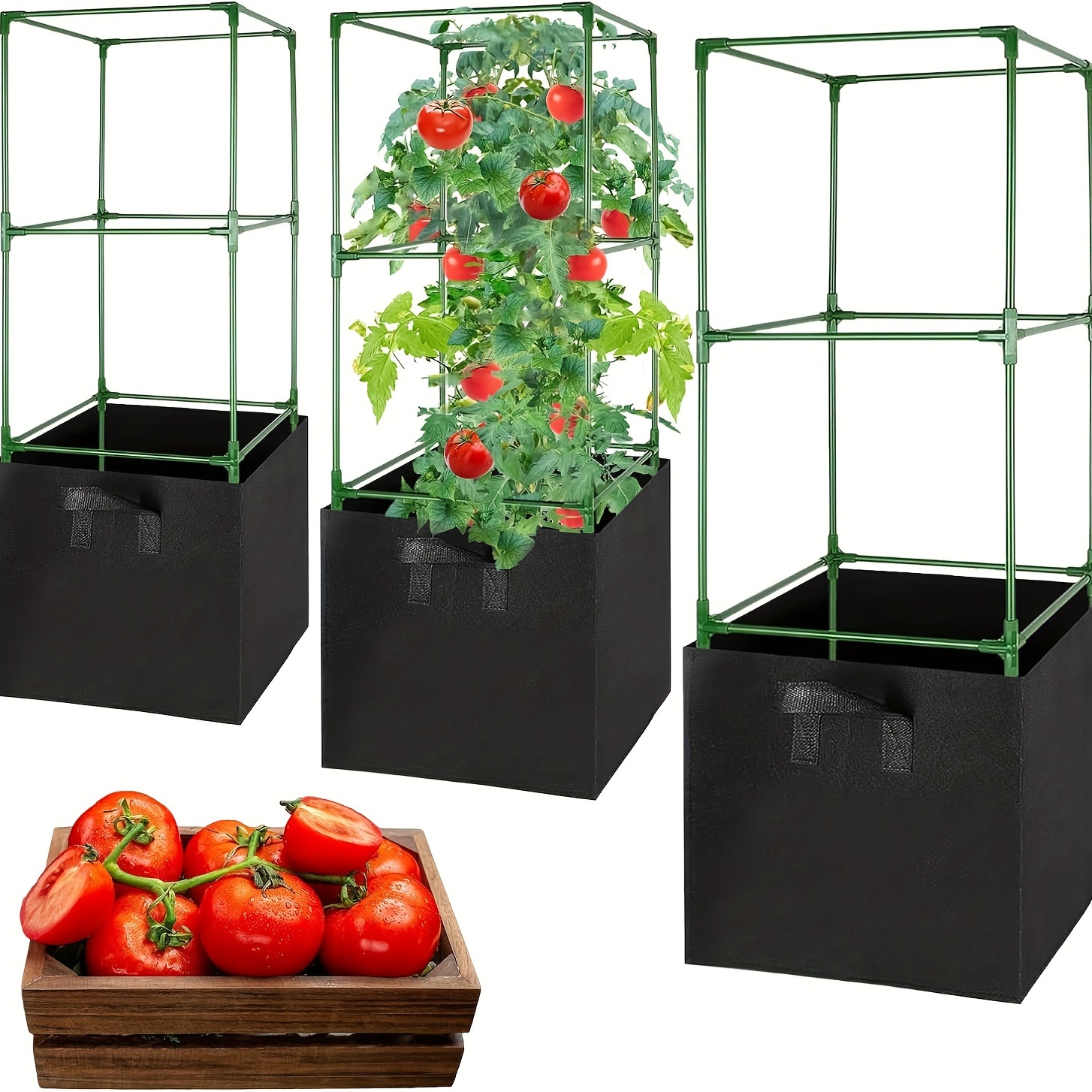 

3 Pack Tomato Cages With 17 Gallon Grow Bags, 47" Heavy Duty Square Tomato Plant Stakes Support Cages Trellis For Garden Climbing Vegetables Flowers Fruits (47in Tall, Extra-bold)