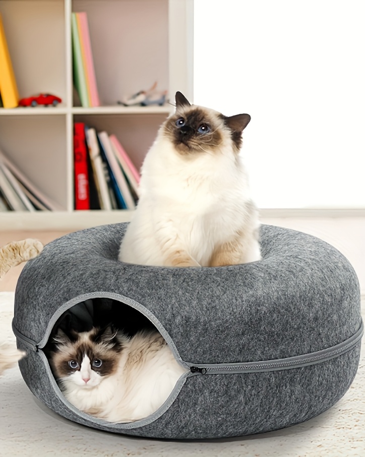 soft felt donut shaped cat bed with resin teeth washable plush hidden pet nest for all sizes scratching resting cozy   home decor cat furniture bed cozy cat bed washable felt bed Product details 1