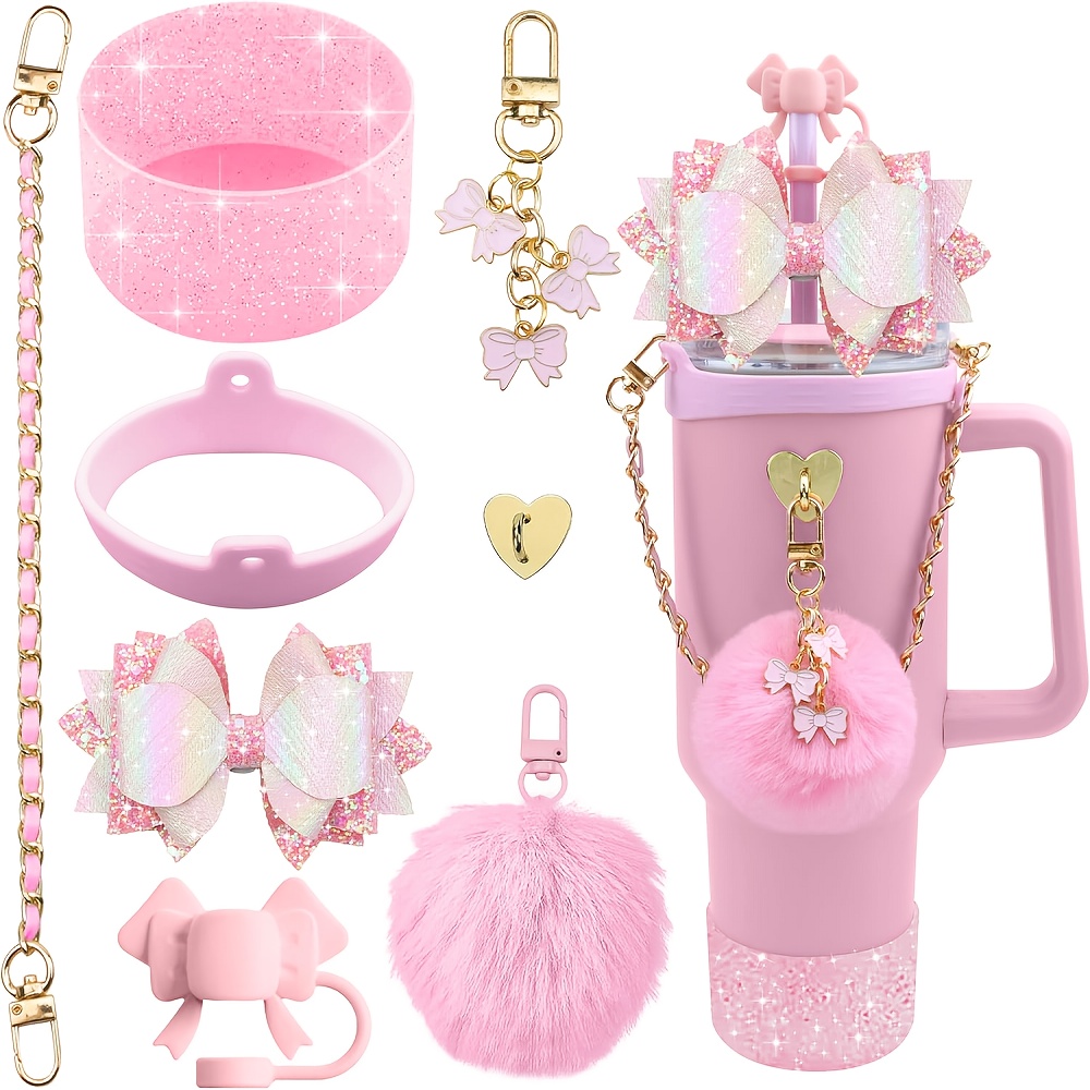 

8pcs Bling Silicone Accessories For 30oz 40oz Cup, Including Silicone Bow Straw Topper Cover, Protective Silicone Boot, Leather Water Bottles Handle Strap