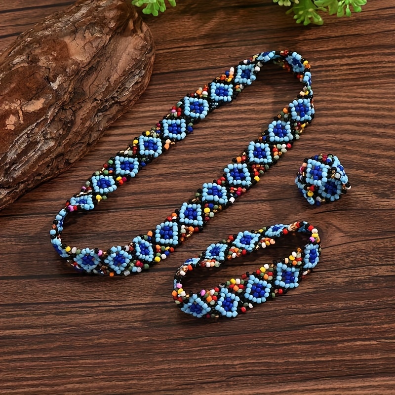 E-shop 3-teiliges Bohemian Handgewebtes Perlenring-, Armband- Halsketten-Set für Damen. Handgewebte Perlen können in der Farbe variieren