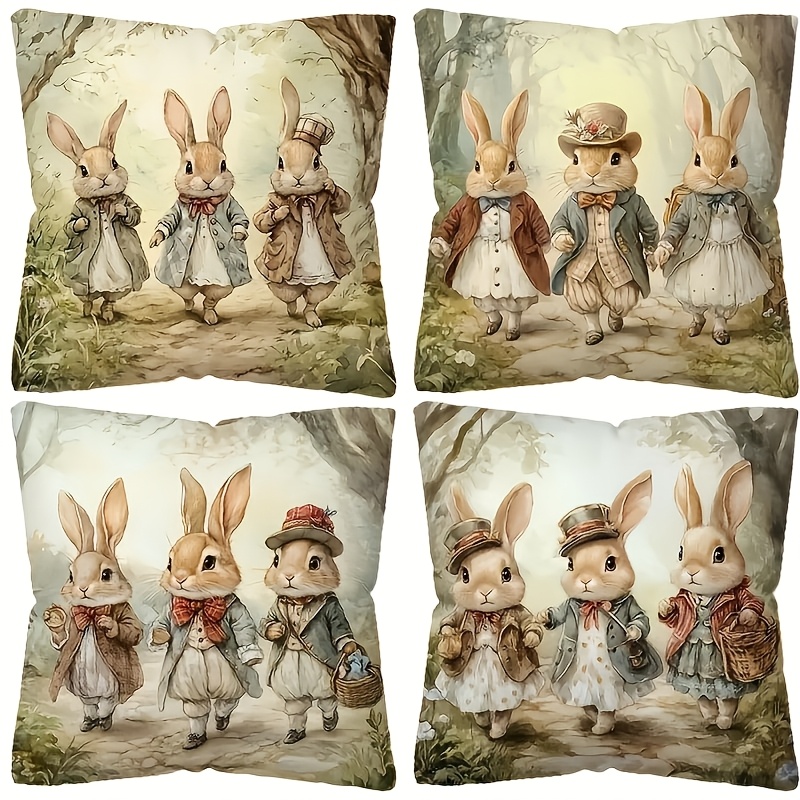 

4pcs Easter Celebration Pillowcase Set - 18x18 Inch Vintage Rabbit And Spring Greenery Pattern, Zipper Closure, Machine Washable Polyester - For Living Room And Bedroom Decoration