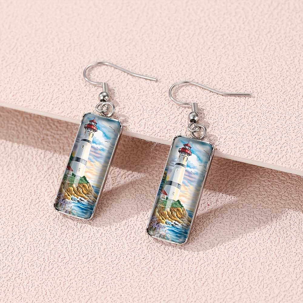 TEMU 1 paire de boucles d'oreilles pendantes tendance nouvelle, phare, , côte, cabochon en verre rectangulaire, hameçon en acier inoxydable,