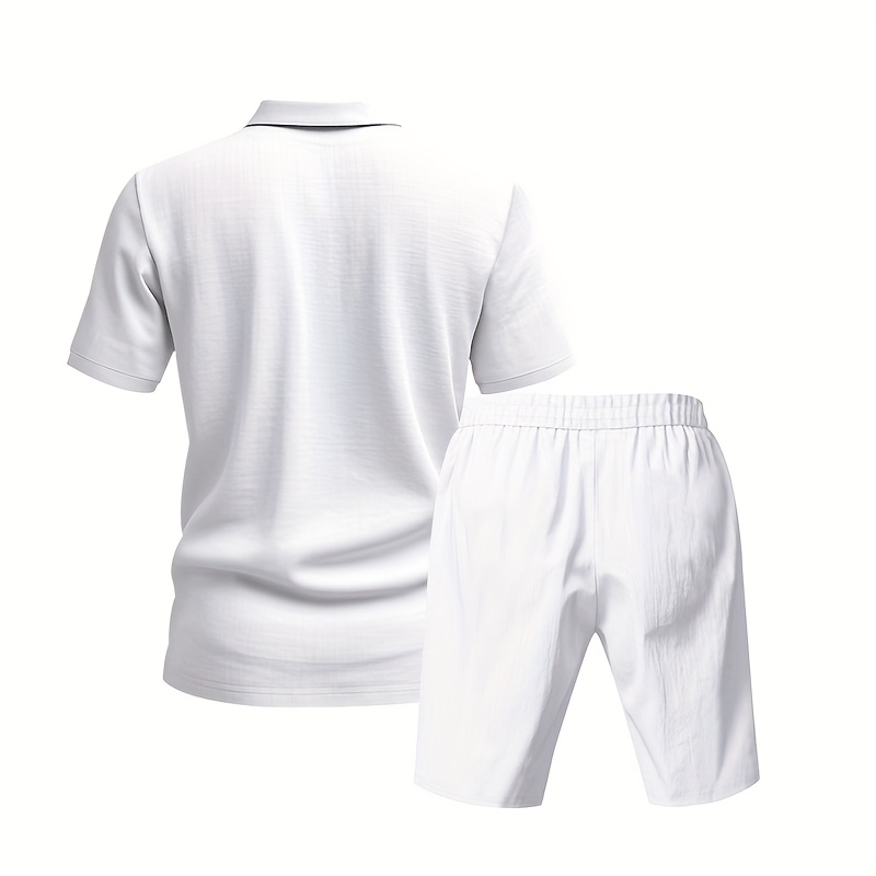 Men's Linen Short Sleeve Shorts Set, Summer Outdoor Sports Casual Breathable Short Sleeve Shirt with Shorts