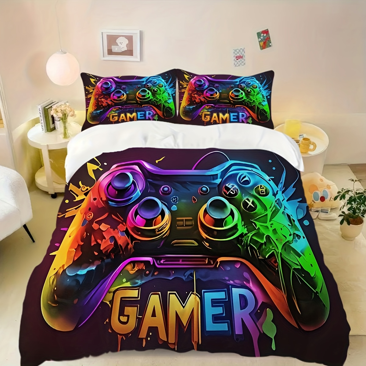 TEMU 3-teiliges Cyber Gaming Controller Muster Bettwäscheset - Atmungsaktiv, Weicher Polyester, für alle Jahreszeiten, Maschinenwaschbar, Ideal für