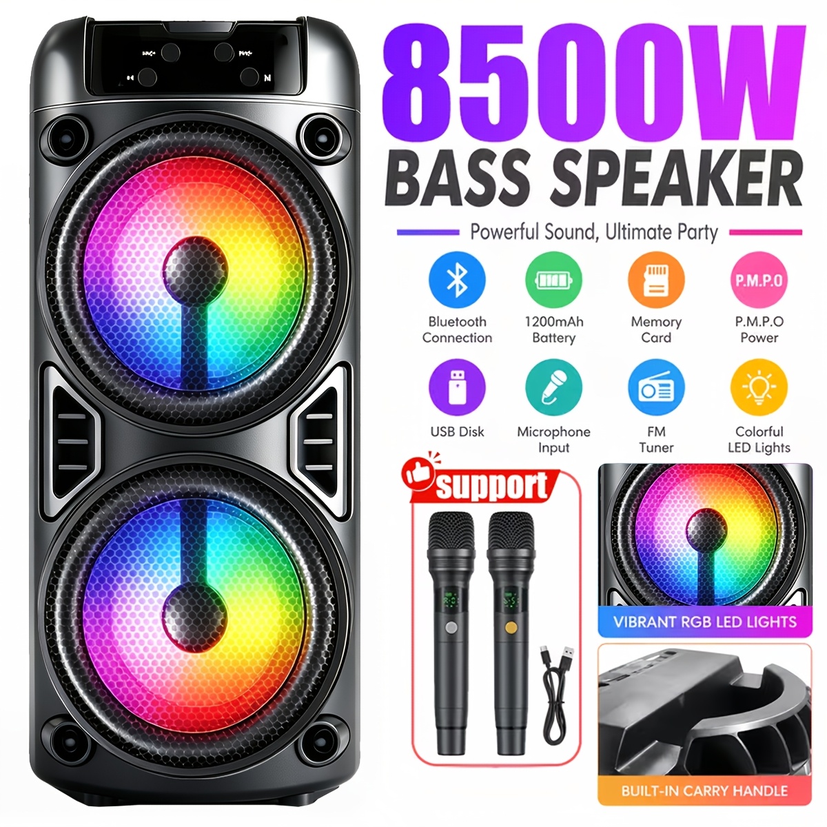 TEMU High Power Wireless 5.3 Speaker, Dual Speakers/supports Dual Pairing With Rgb Lighting Supports Card Insertion, Usb Portable High Cost-effective