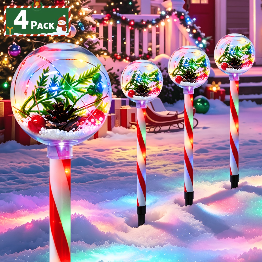 4pcs Solar Christmas Pathway Lights, IP65 Waterproof Candy Stake Lights with Decorative, Outdoor Solar Garden Lights for Yard, Lawn, Walkway, Driveway, Patio And Christmas Holiday Decorations
